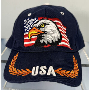 VTG Hat American USA Eagle Flag Cap Blue Baseball Military Patriotic Embroidered